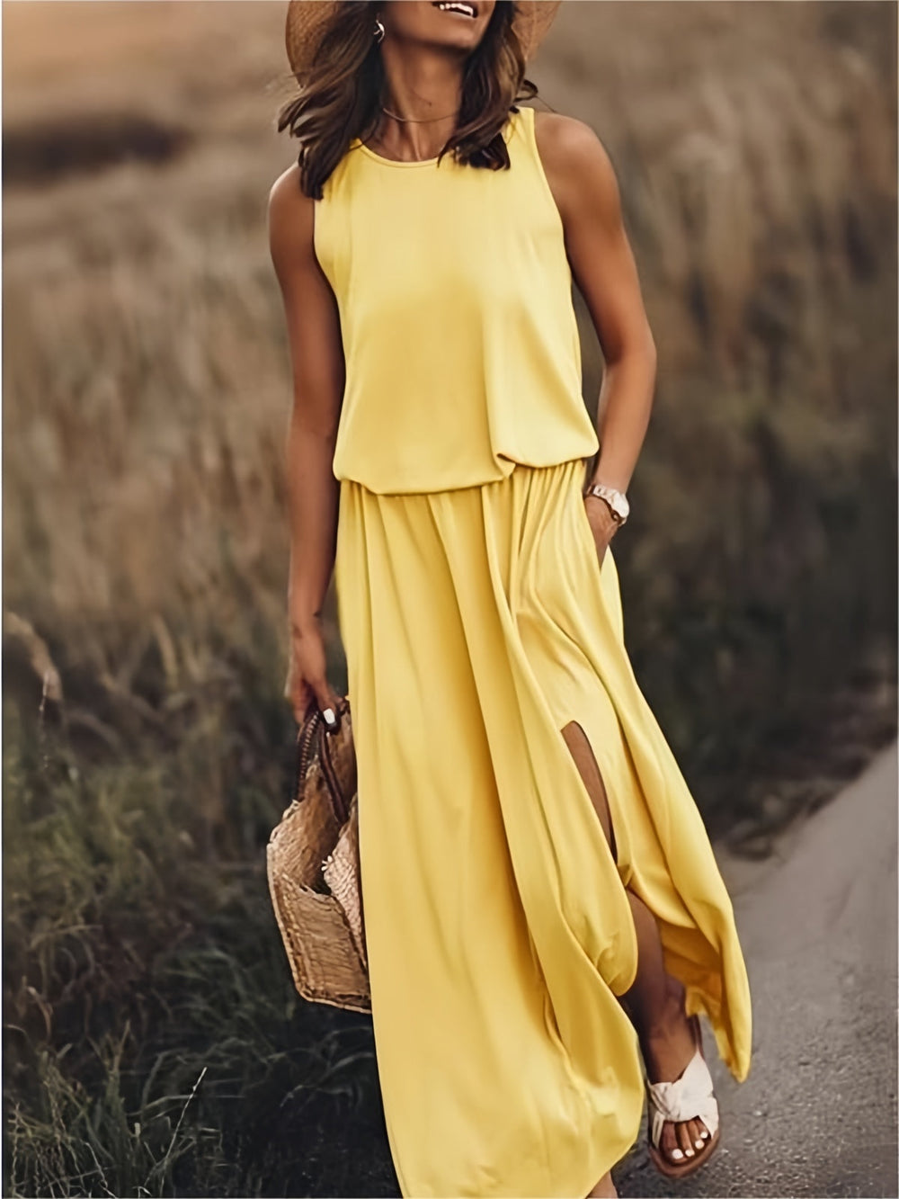 Klara | Damen Ärmelloses Rundhals Maxikleid