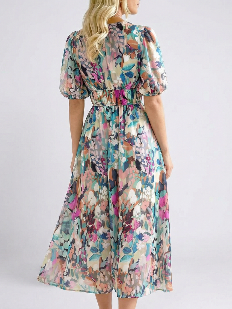 Konstanze | Damen V-Ausschnitt Blumendruck Midi Kleid