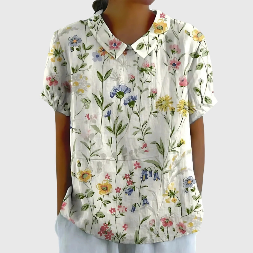 Kurzärmelige Damenbluse mit Blumenmuster und Bubikragen