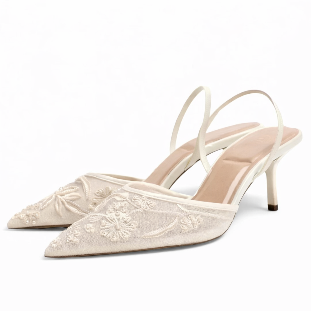 Leandra | Damen Bestickte Slingback Pumps mit spitzer Zehenpartie