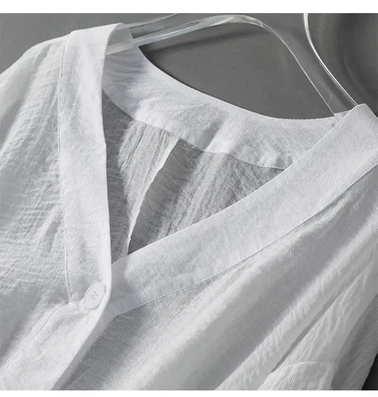 Greta | Leinen Bluse Langarm Oversized V-Ausschnitt Sommer