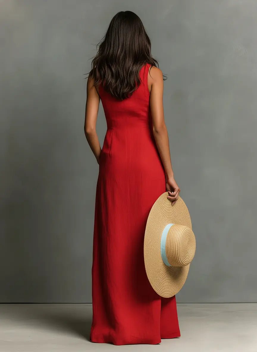 Nora | Leinen Maxi Hemdblusenkleid Ärmellos Hemdkragen