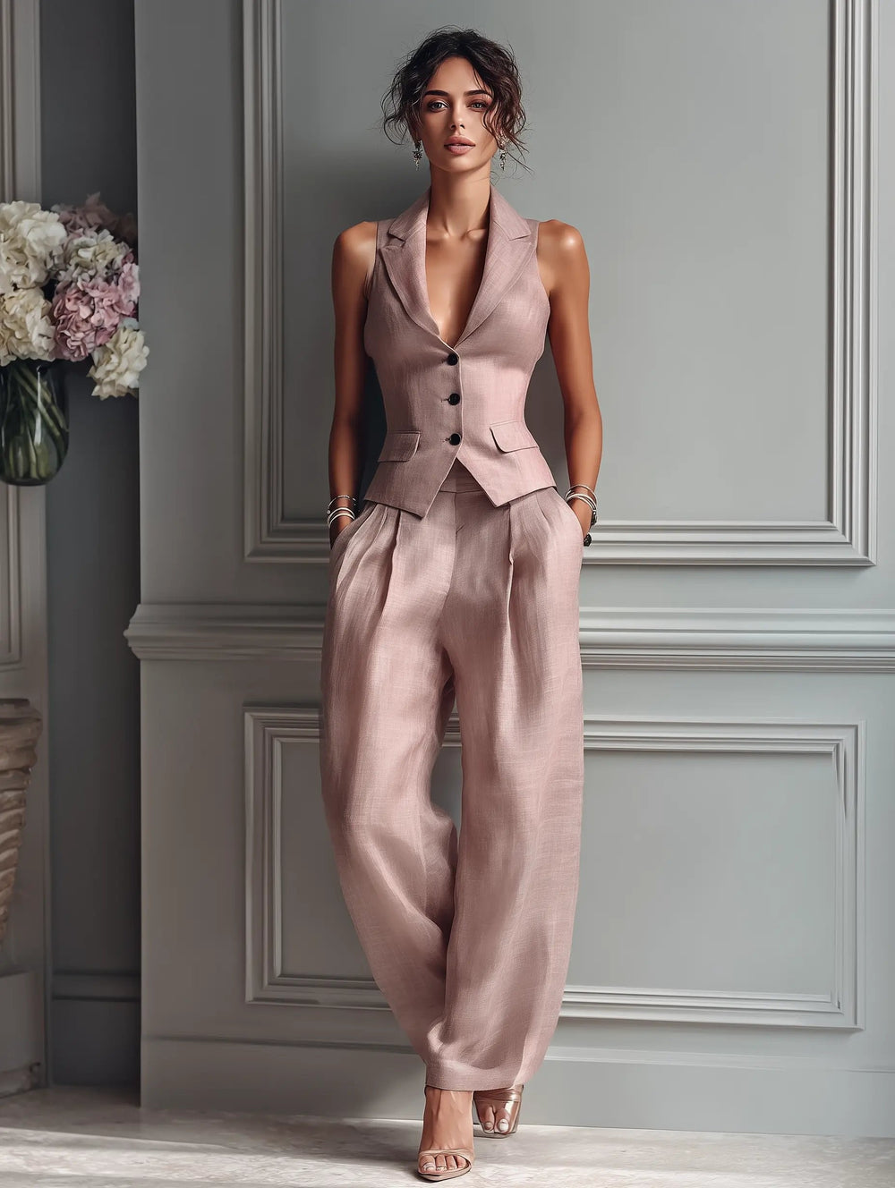 Frieda | Leinen-Set Weste & Weite Hose Business Zweiteiler