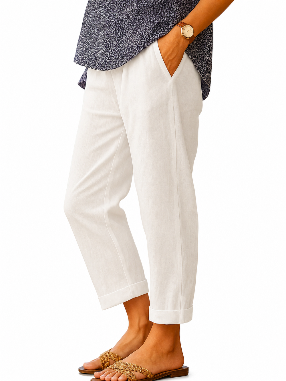 Leinen Verkürzte Damen-Hose mit geradem Bein und Umschlag