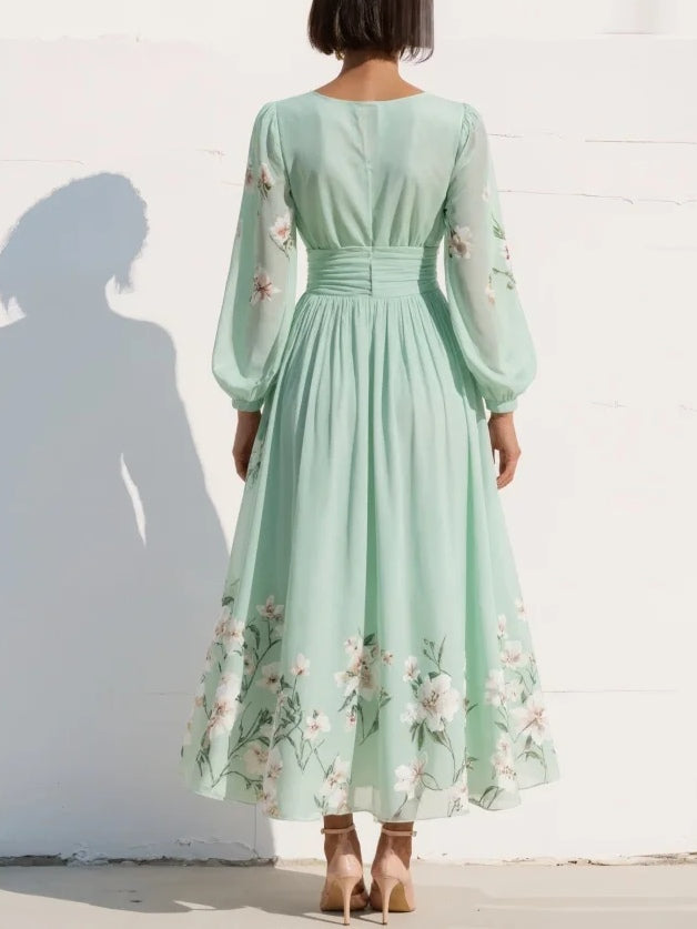 Leonora | Damen Blumen Midi Kleid mit V-Ausschnitt