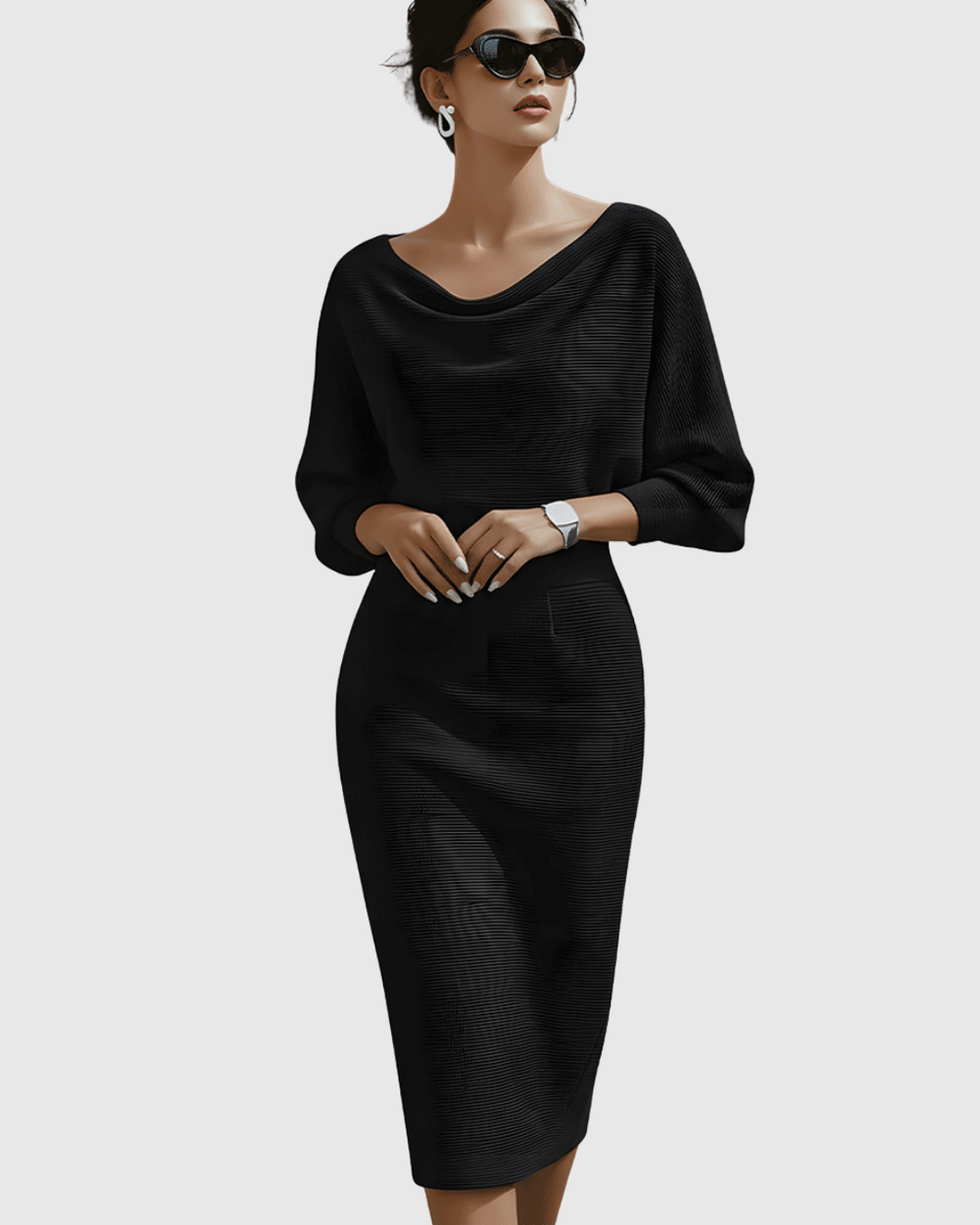 Lucinda | Damen Wasserfallkragen Midi Kleid