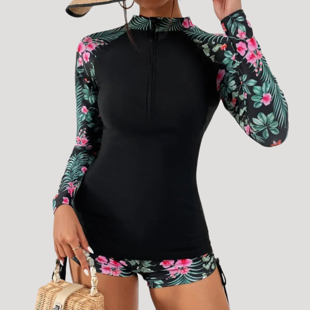 Lysandra | Damen Langarm Blumen Badeanzug Set