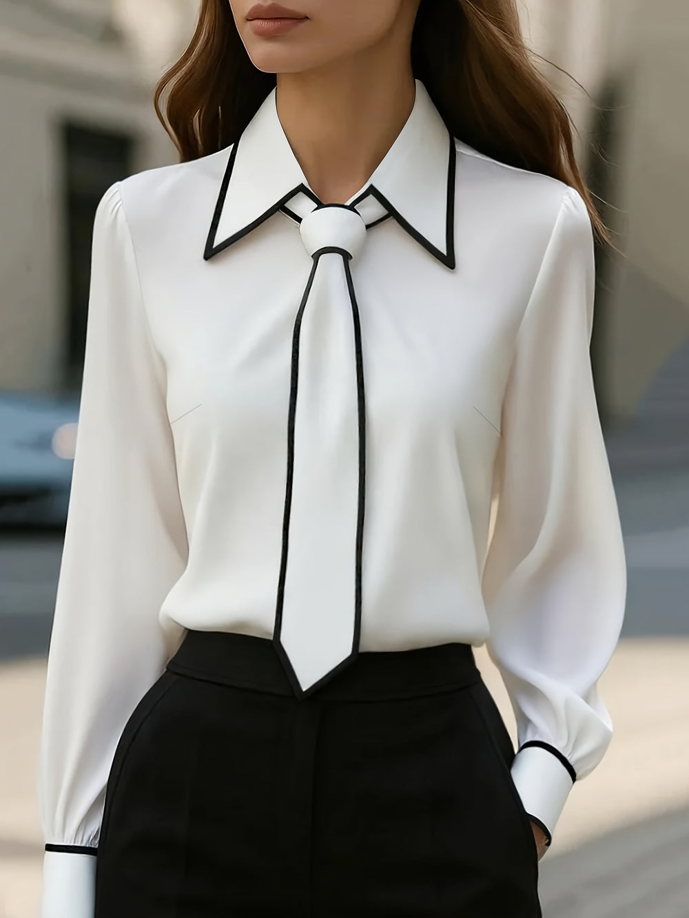 Cici | Damen Bluse Krawatte Kontrastpaspel Langarm Elegant