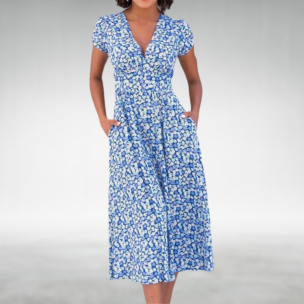 Margot | Damen V-Ausschnitt Blumenmuster Midikleid