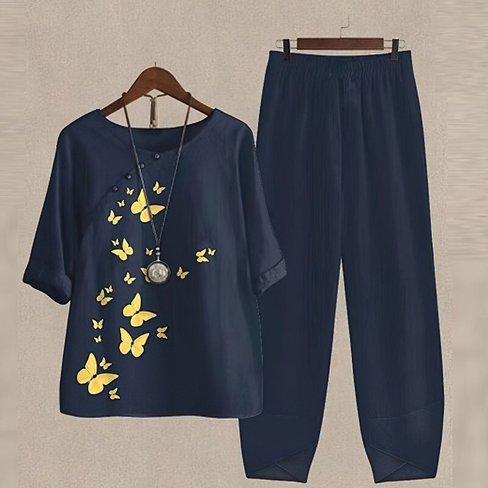 Lisanne | Damen Zweiteiler Set Schmetterlingsprint Hose