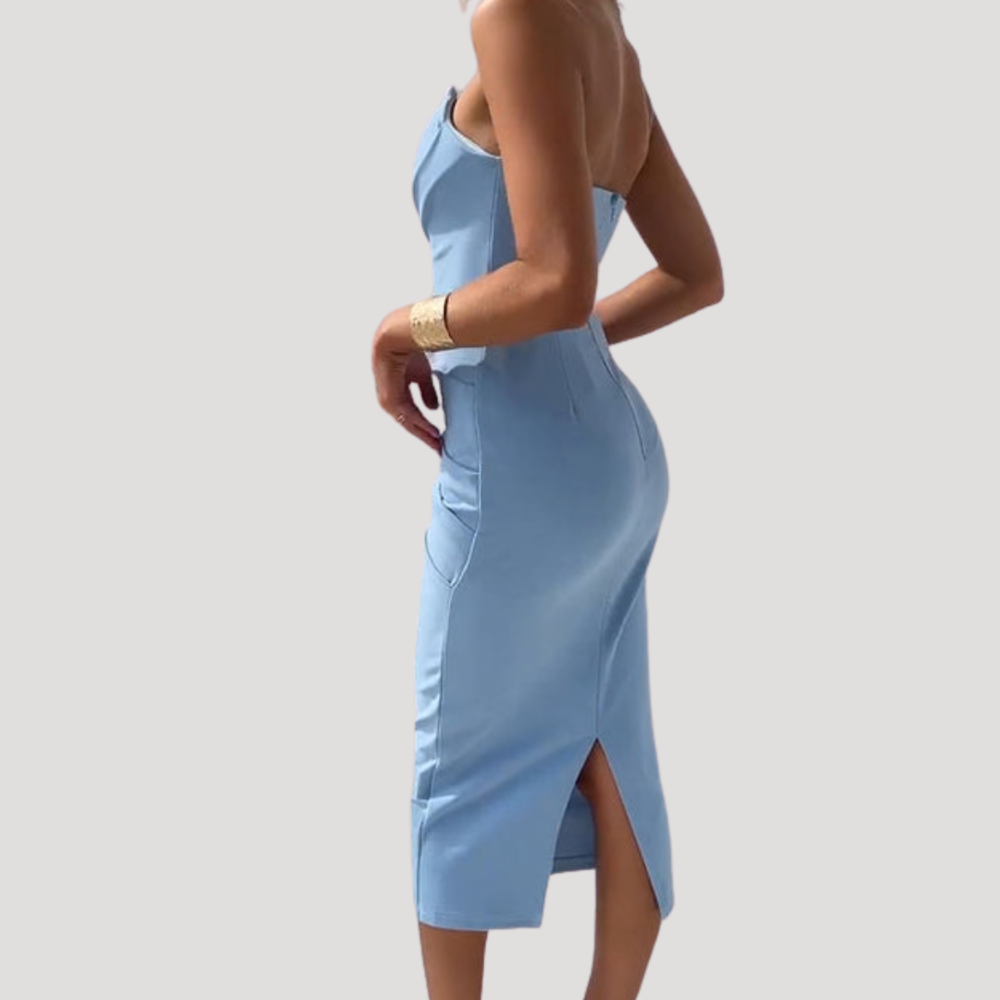 Marlies | Damen Schulterfreies Geraftes Midikleid
