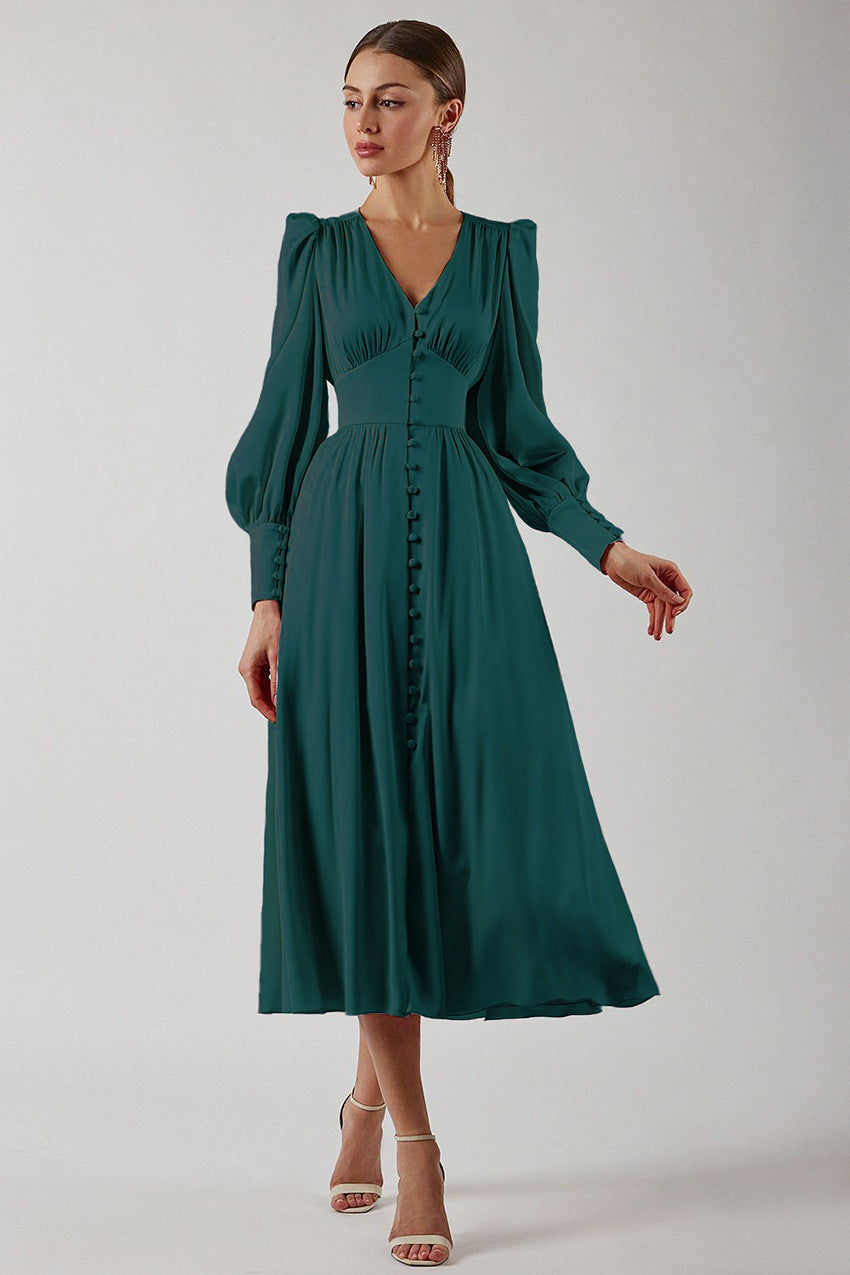 Marlina | Damen V-Ausschnitt Langarm Midikleid
