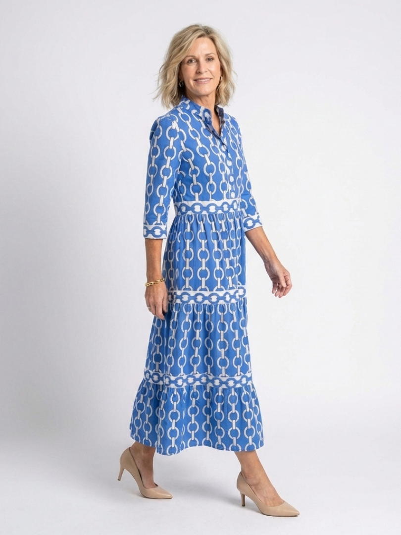 Marta | Damen Kettenmuster 3/4 Ärmel Maxi Kleid