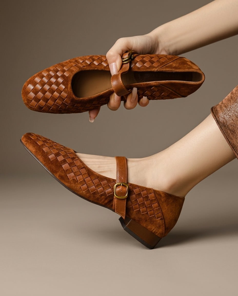 Mary Jane Ballerinas Damen geflochten mit Riemen