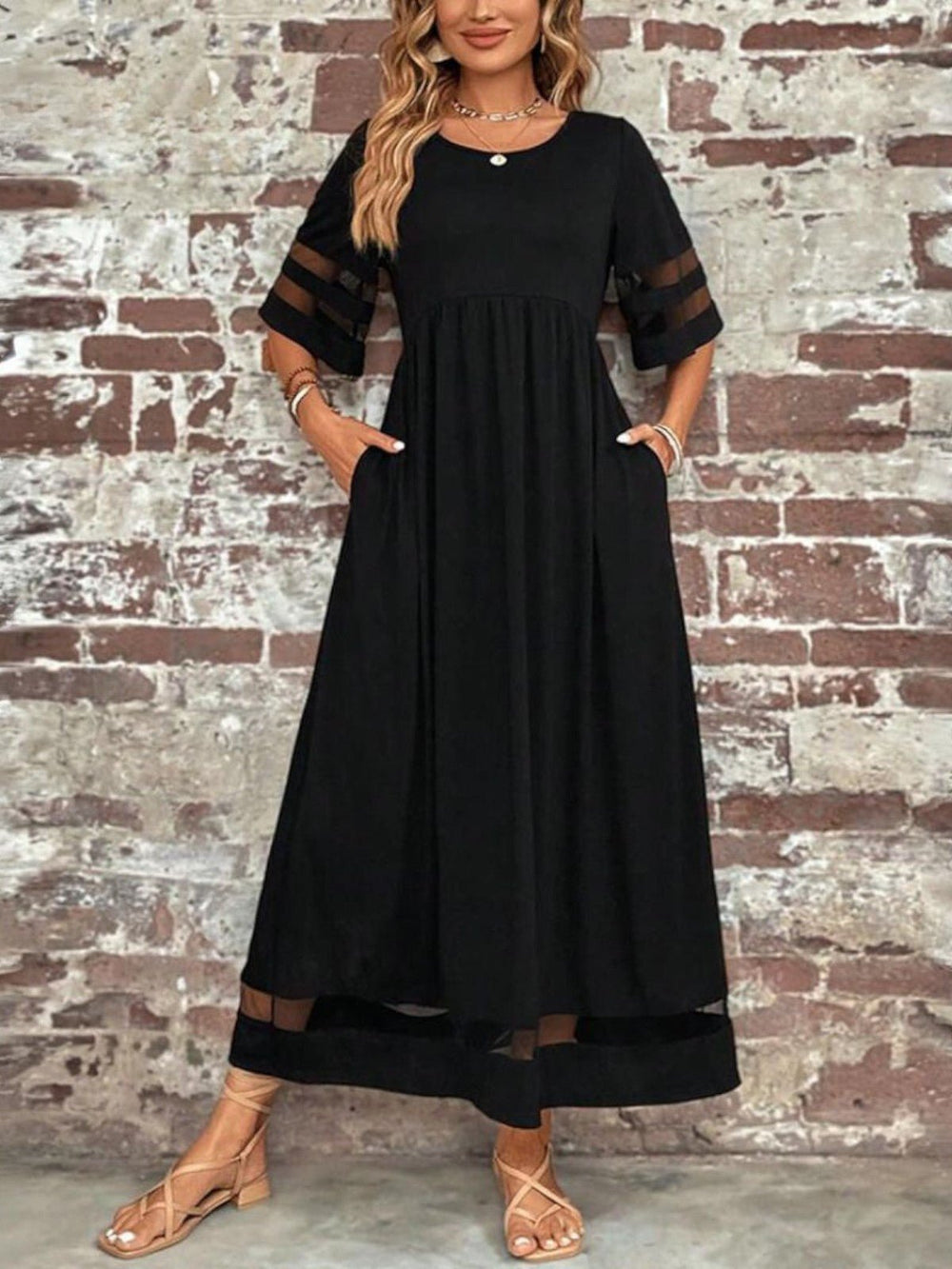 Katharina | Maxi Kleid Mesh-Ärmel Figurschmeichelnd Elegant