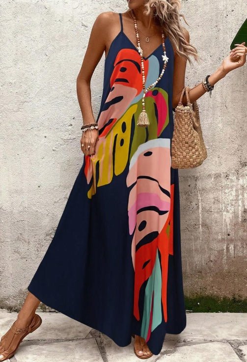 Clara | Maxi Kleid Tropischer Blätterdruck Ärmellos