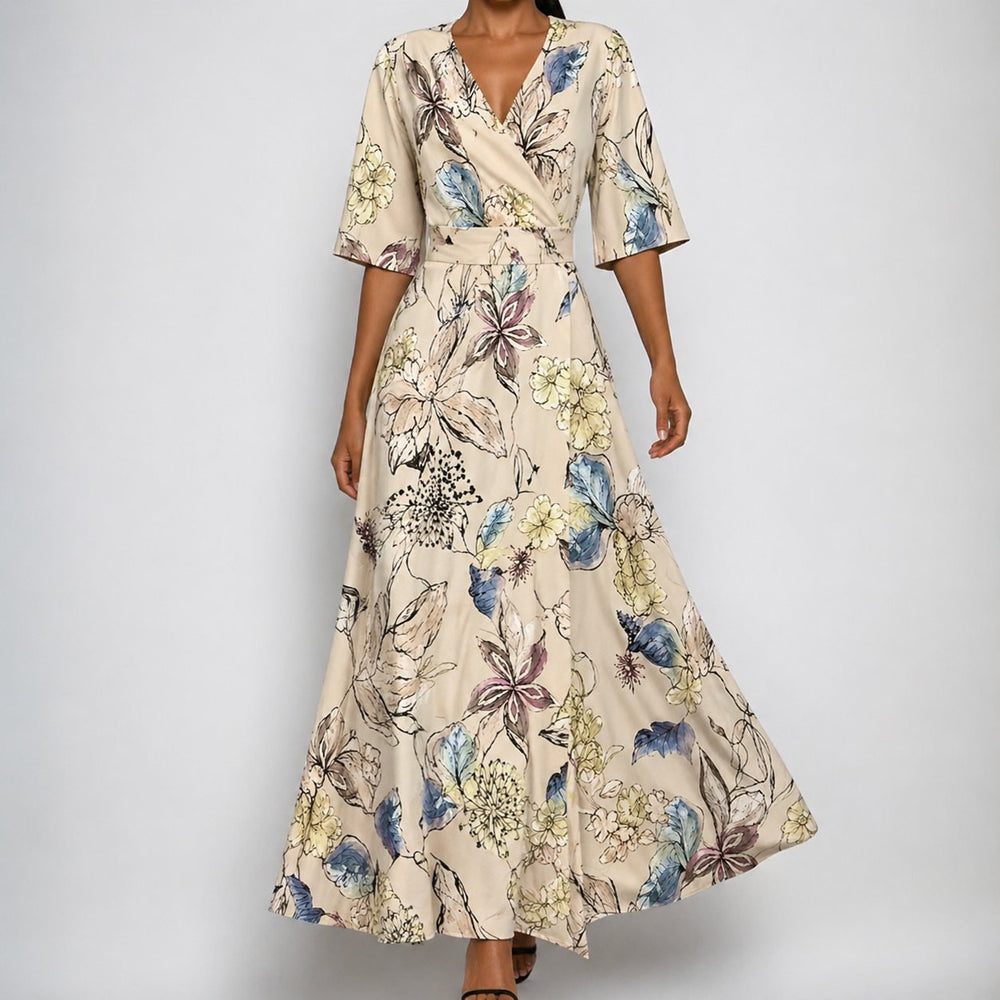 Nora | Maxi Wickelkleid V-Ausschnitt Blumenmuster Gürtel