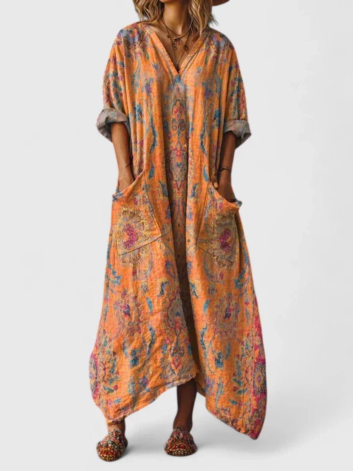 Charlotte | Maxikleid Boho Print Baumwolle Taschen V-Ausschnitt