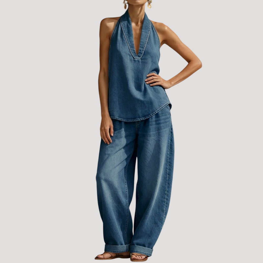 Meret | Damen Neckholder Zweiteiler Set Weite Hose