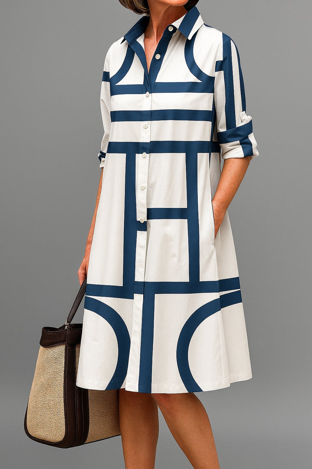 Leonie | Midi Hemdblusenkleid geometrisches Muster Langarm