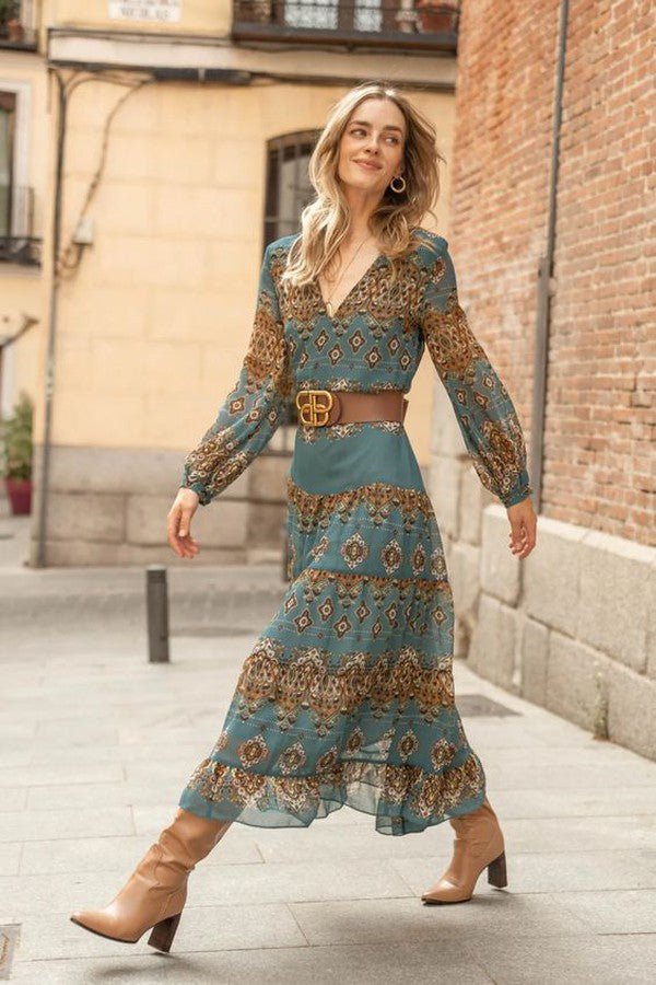 Greta | Midi Kleid Chiffon Boho Medallion Print Puffärmel
