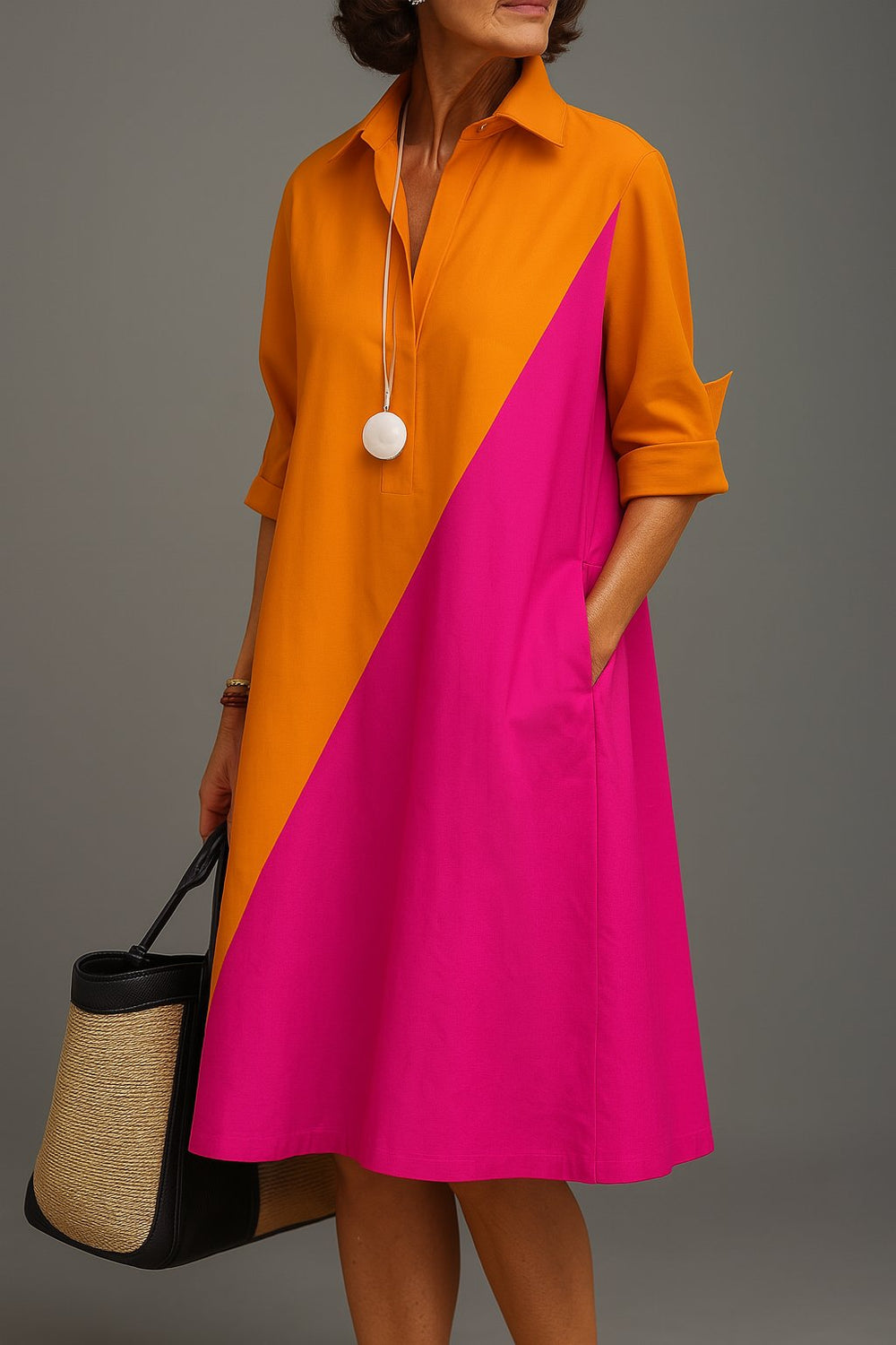 Emilia | Midi Kleid Colorblock Diagonal V-Ausschnitt Baumwolle