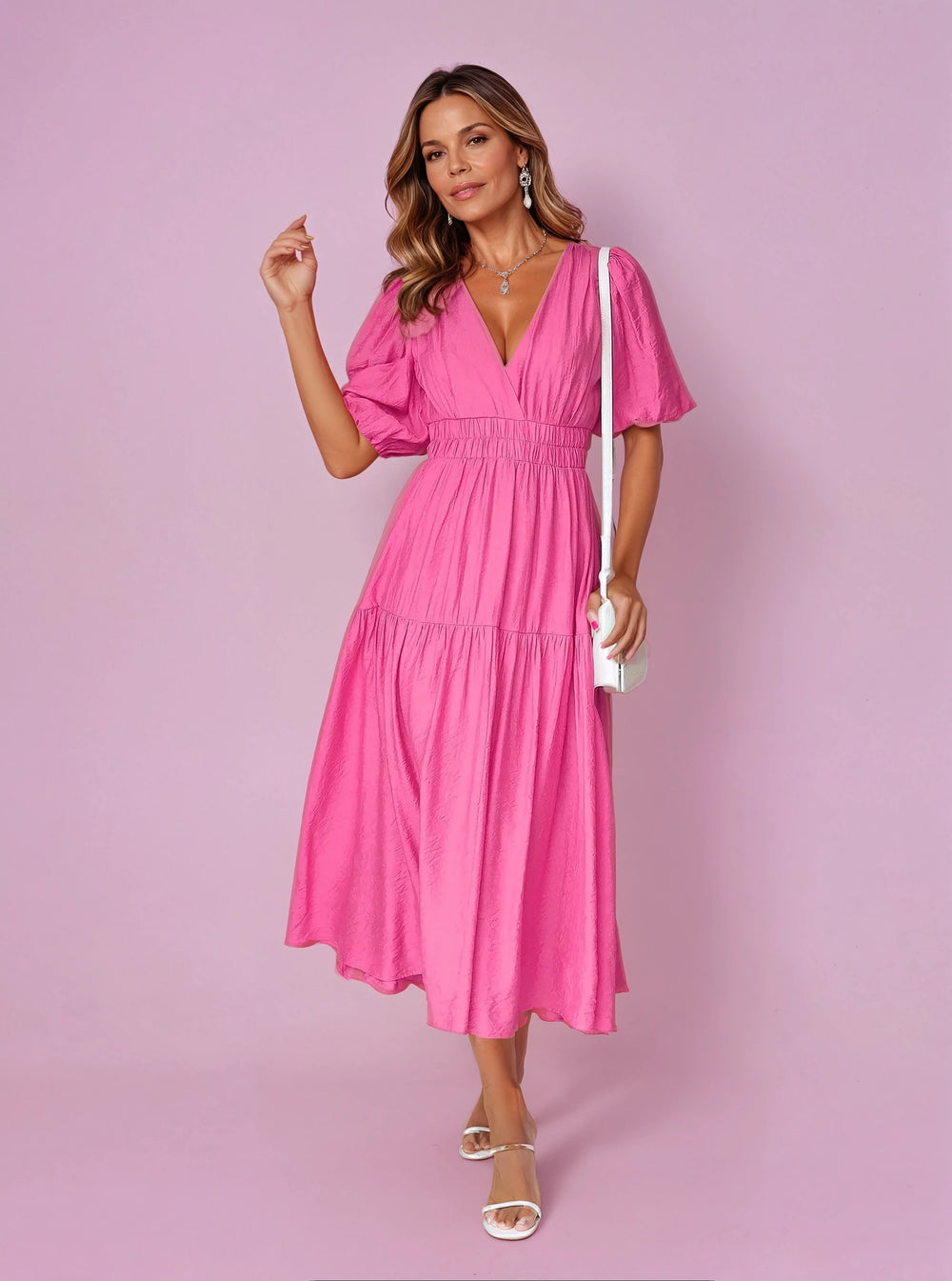 Sophie | Midi Kleid V-Ausschnitt Puffärmel Tailliert
