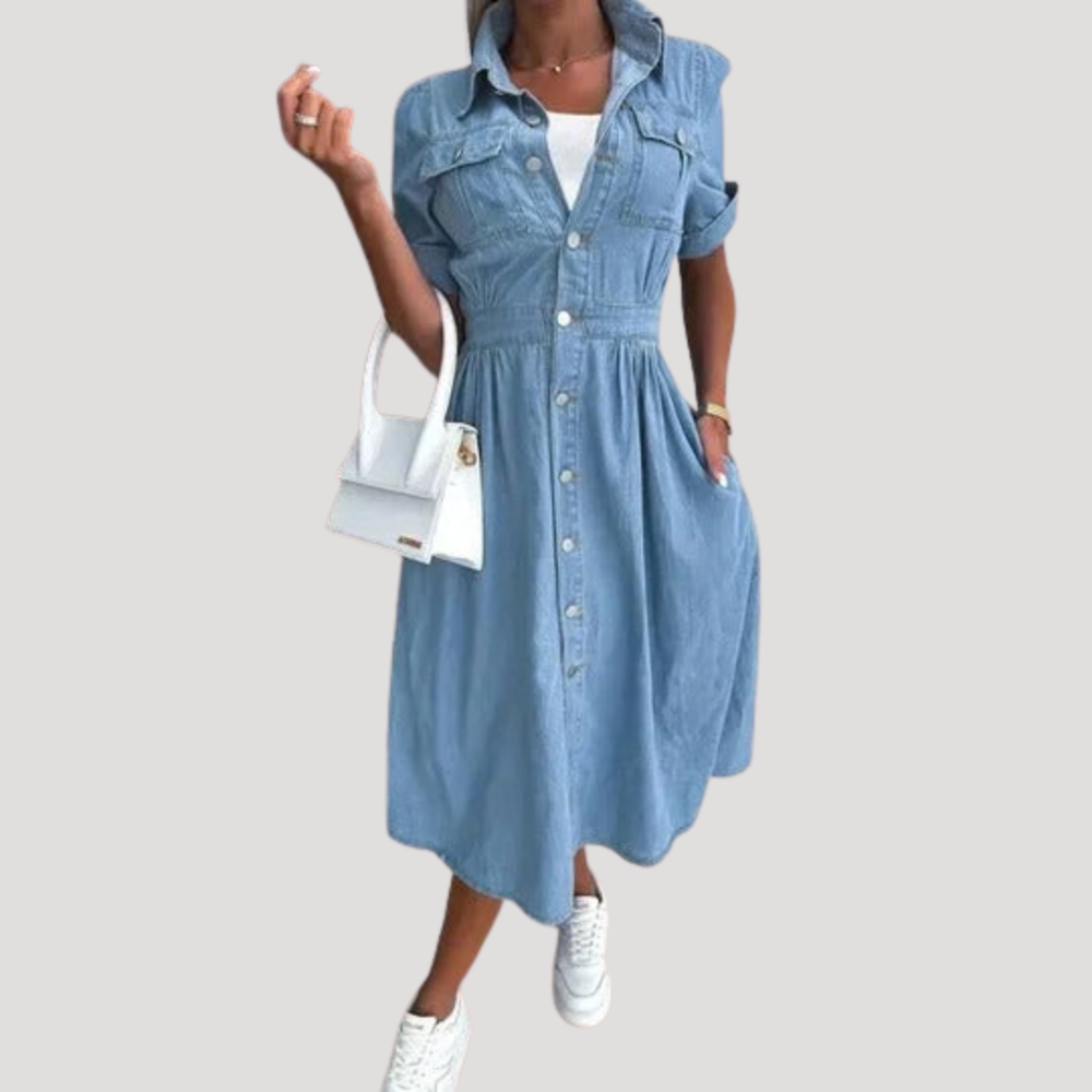 Nadja | Damen Kurzarm Jeanskleid Midi Hemdblusenkleid