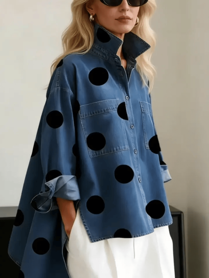 Nicolette | Damen Polka Dot Stehkragen Langarm Bluse