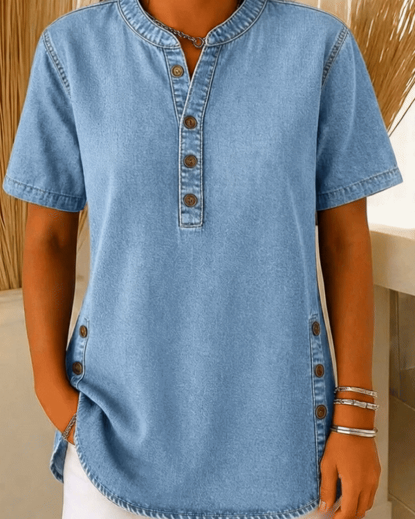 Nora | Damen Kurzarm Jeansbluse mit Knopfleiste