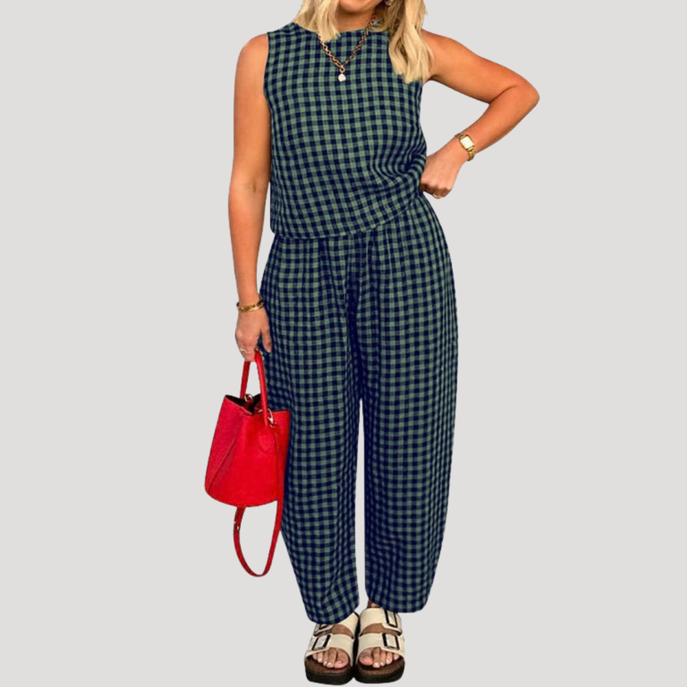 Odile | Damen Karo Zweiteiler Ärmellos Weite Hose