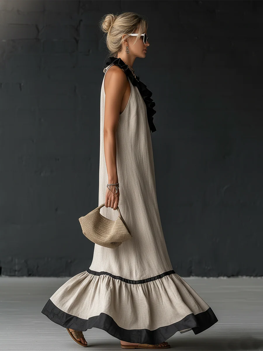 Natja - Rüschenkragen Leinen Maxikleid
