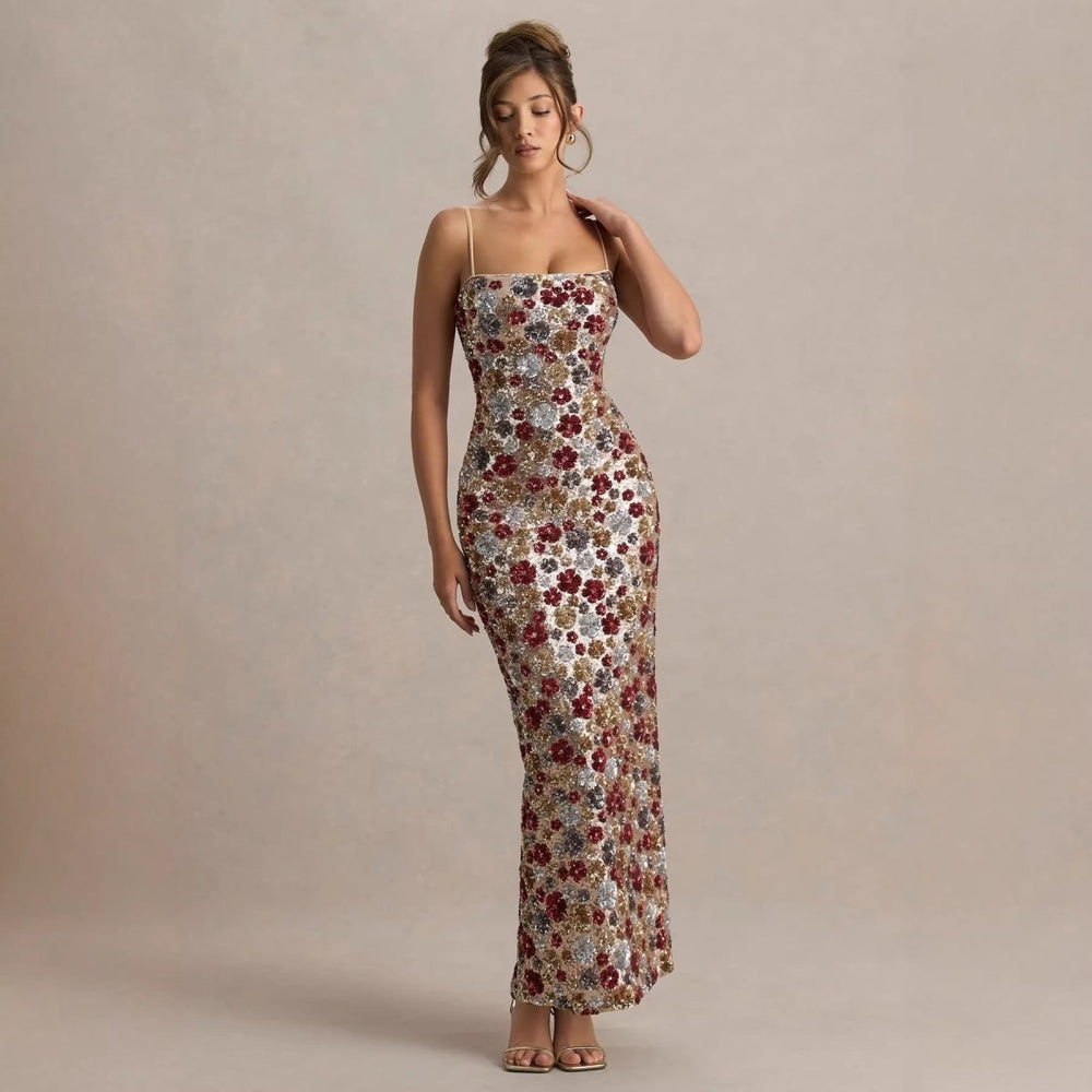 Pailletten Abendkleid in Maxi-Länge mit Blumenmuster