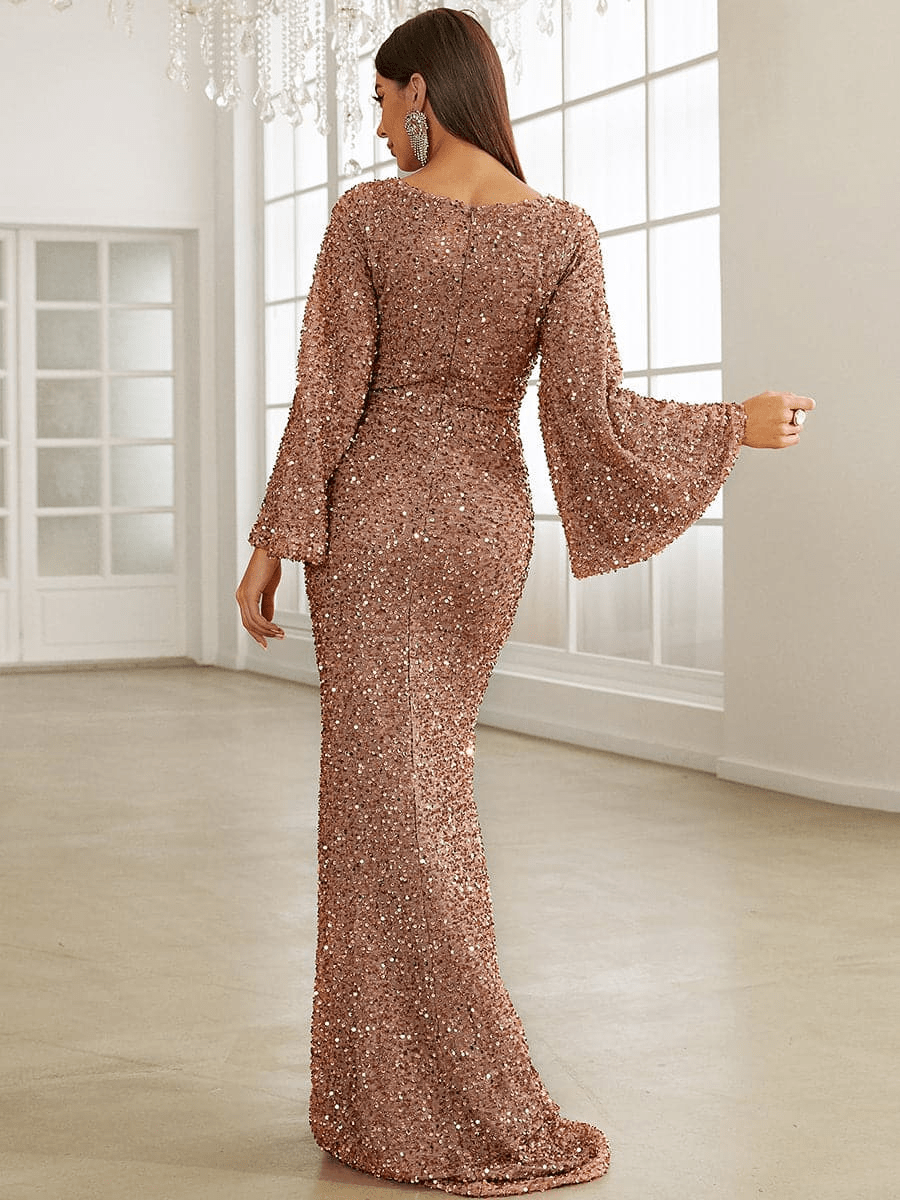 Pailletten Abendkleid Maxi mit V-Ausschnitt