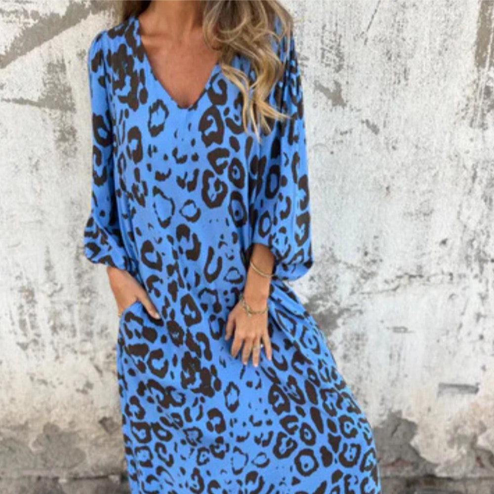 Luisa | Plus Size Kleid Leopard Print V-Ausschnitt Langarm