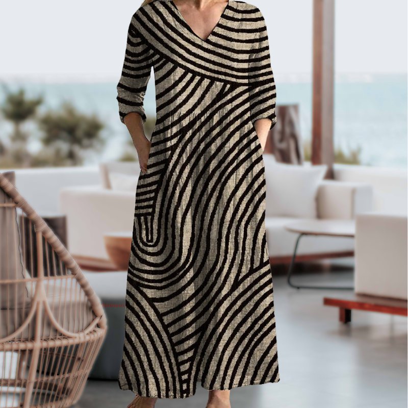 Katharina | Plus Size Maxi Kleid V-Ausschnitt gestreift Vintage