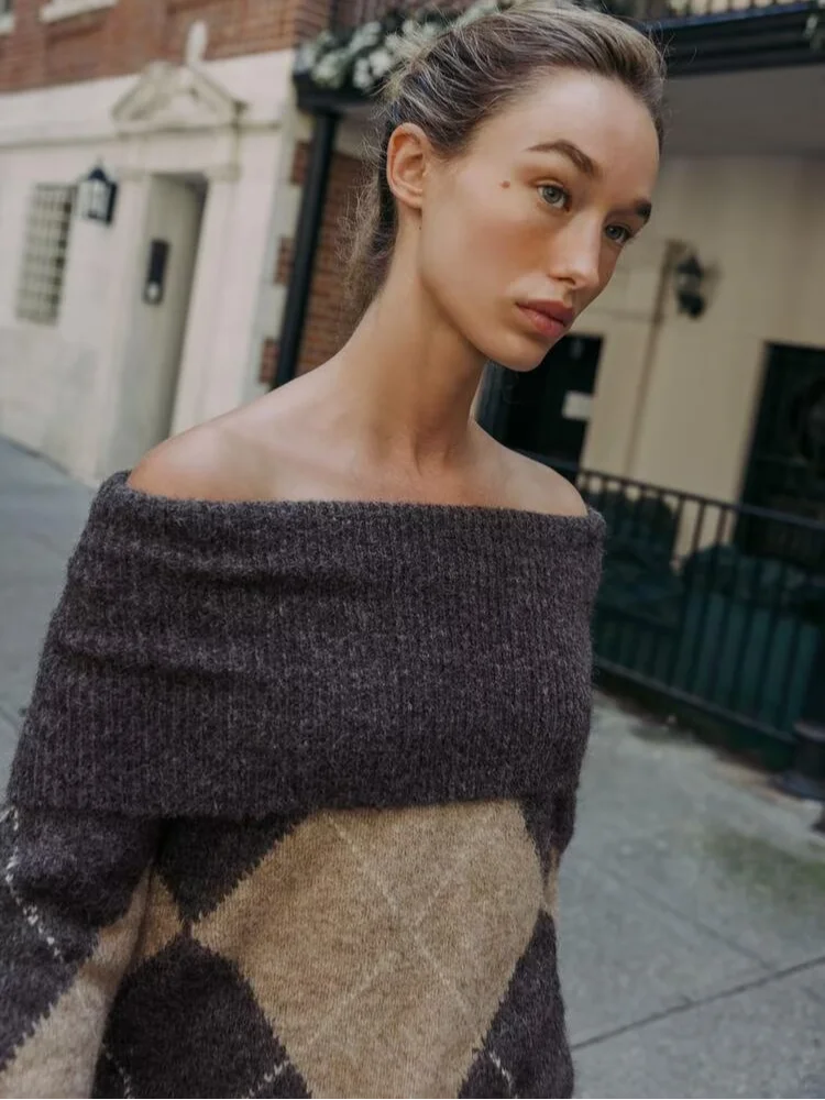 Strickpullover Damen Off Shoulder mit Argyle-Muster