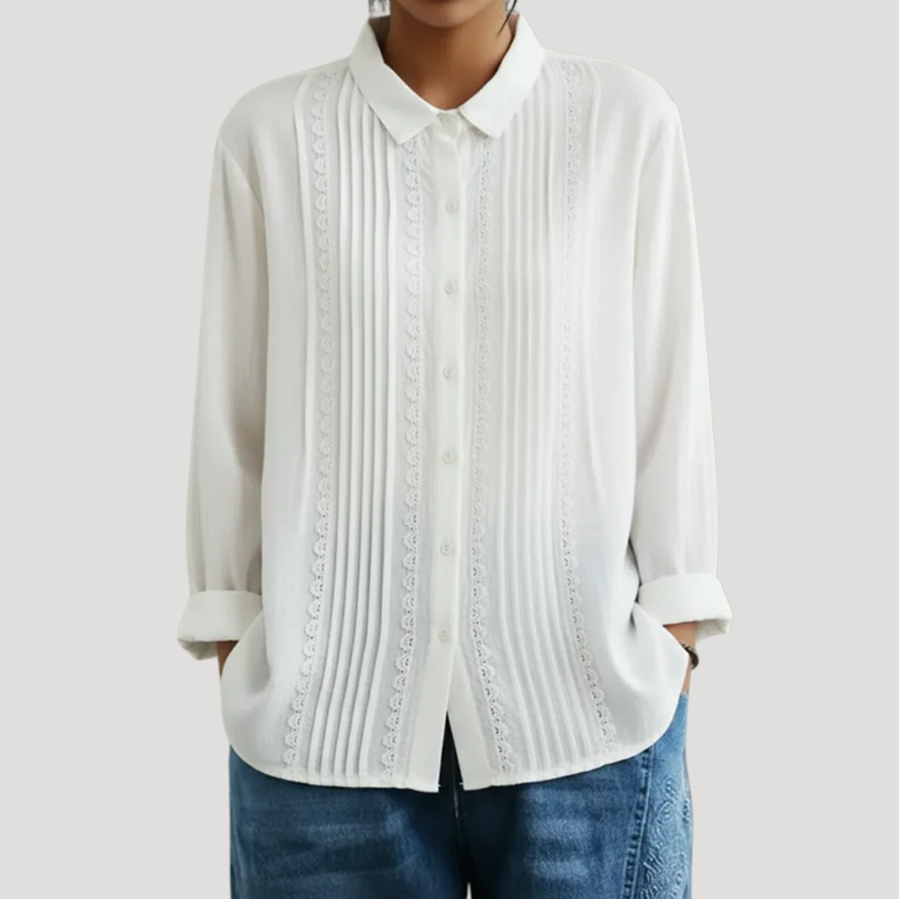 Romy | Damen Plissee Langarm Bluse mit Spitzendetails