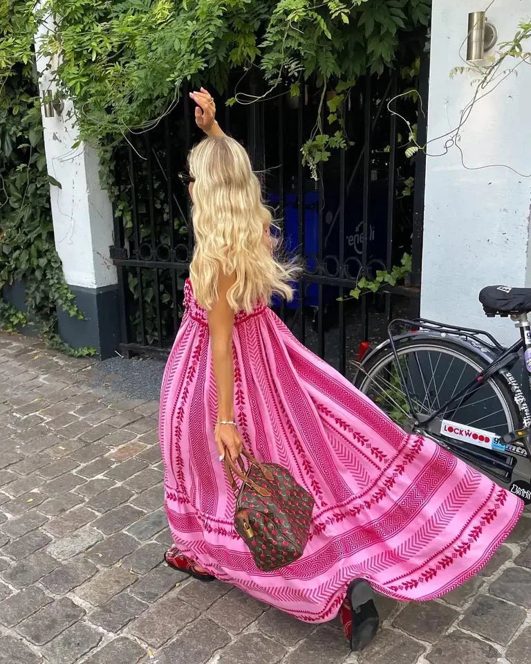 Rosa Sommer Boho Maxi Kleid Mit Muster