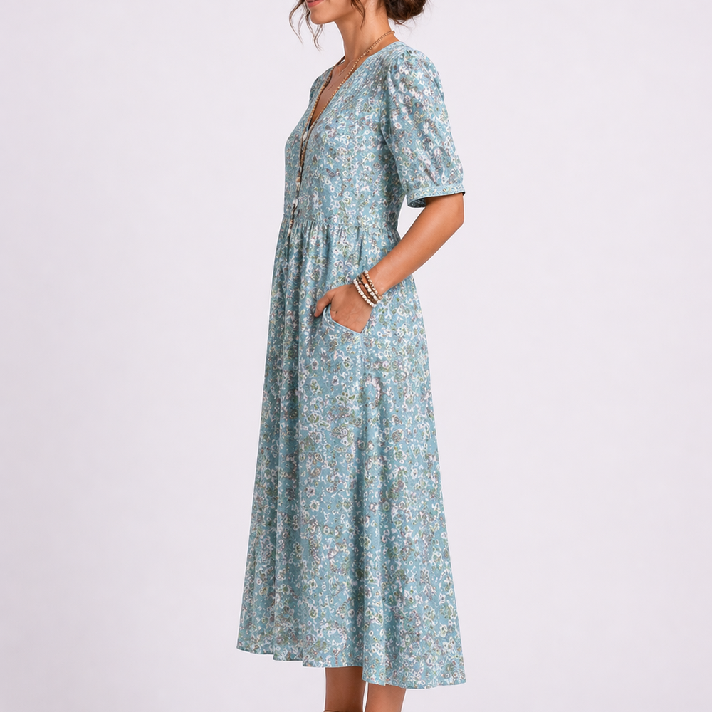 Rosalie | Damen Blumenkleid Midi mit V-Ausschnitt