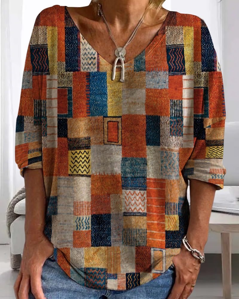 Rosilda | Damen Patchwork V-Ausschnitt Bluse