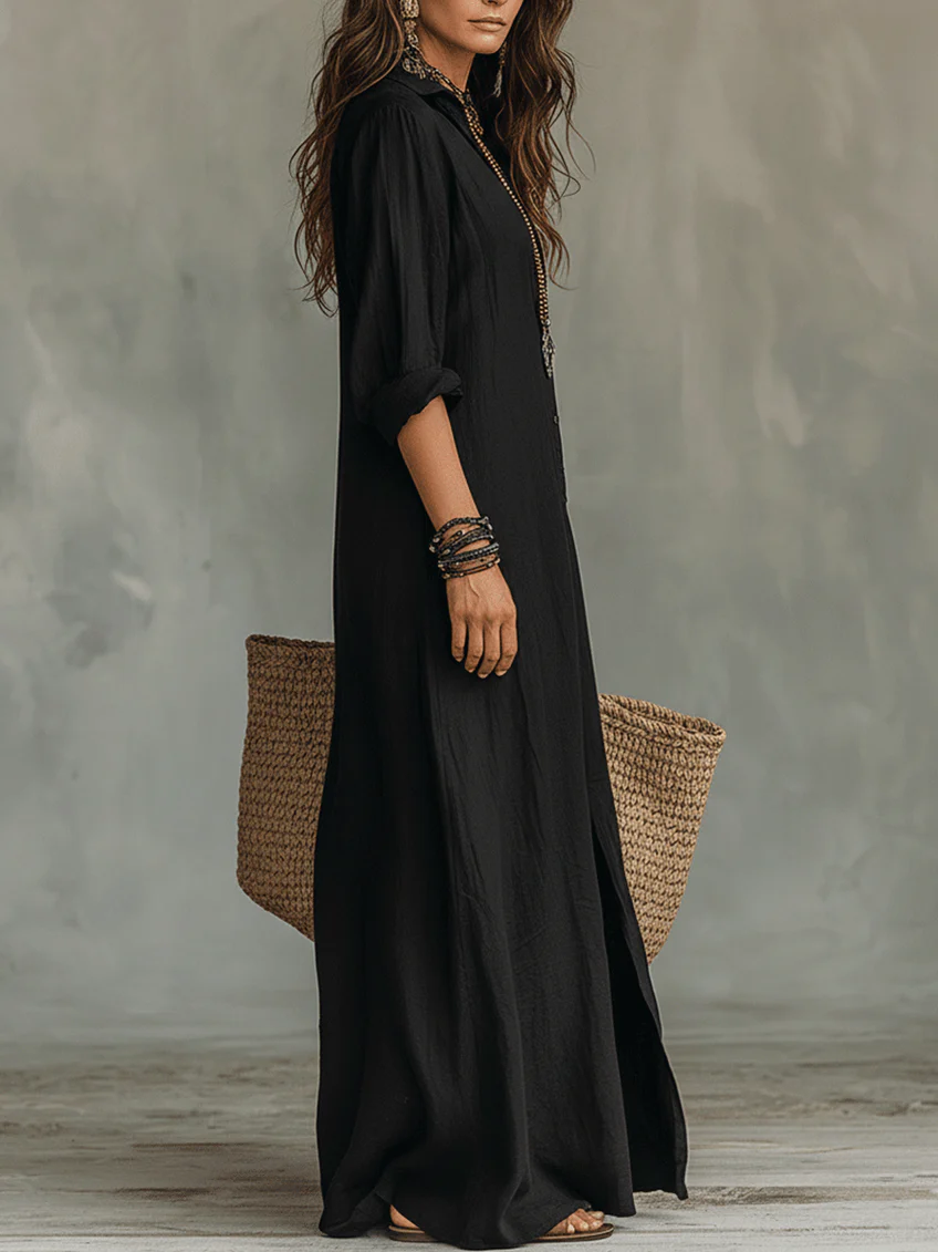 Selestina | Damen Hemdblusenkleid Schwarz Langarm Maxikleid