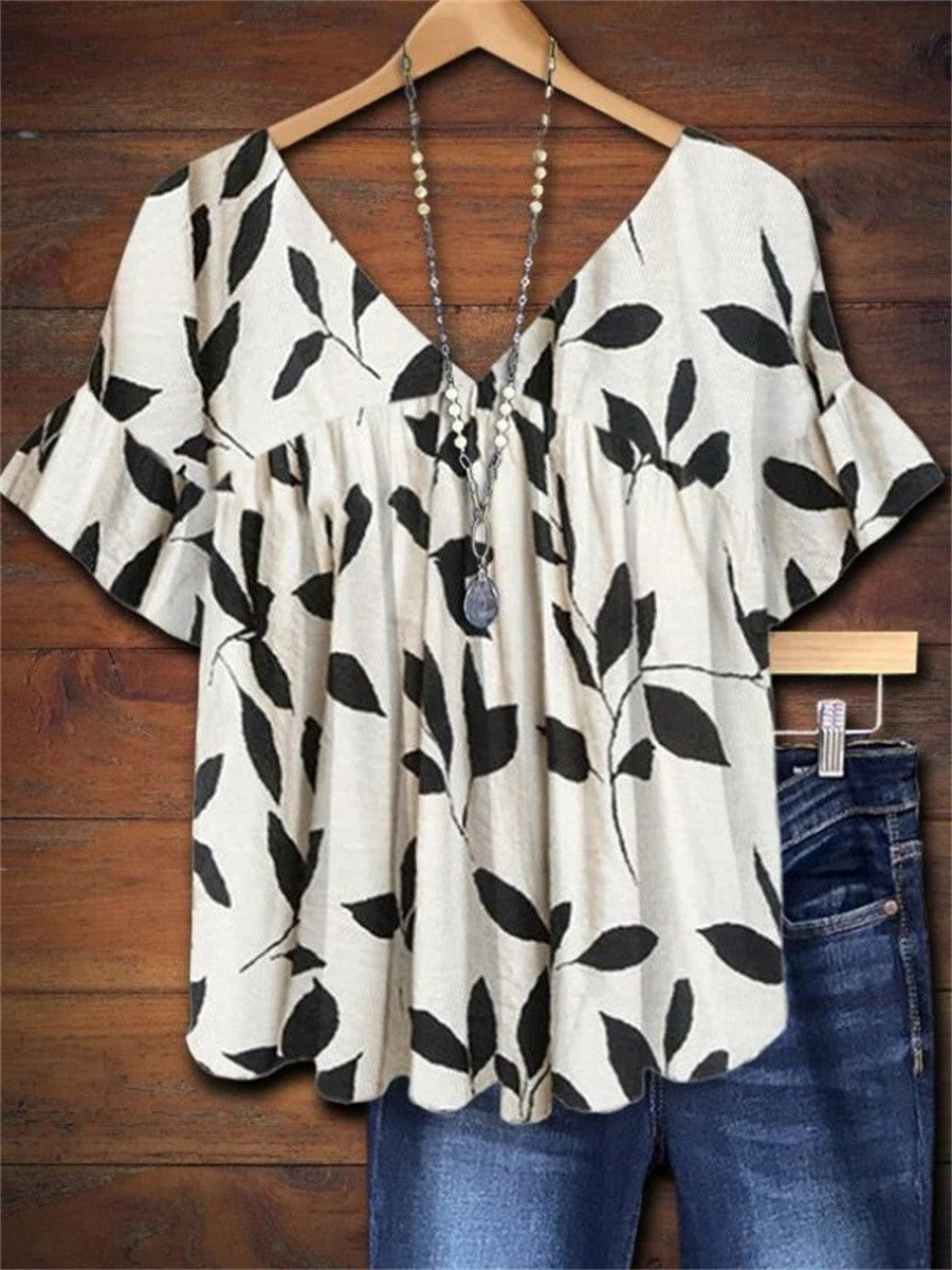 Serenity | Damen Blatt-Print V-Ausschnitt Kurzarm Bluse