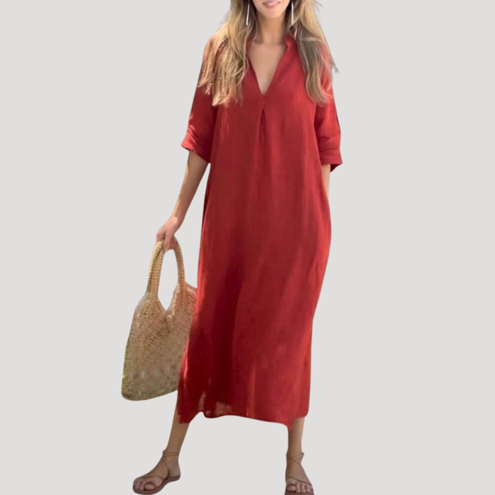 Solveig | Damen Midikleid mit V-Ausschnitt Relaxed Fit