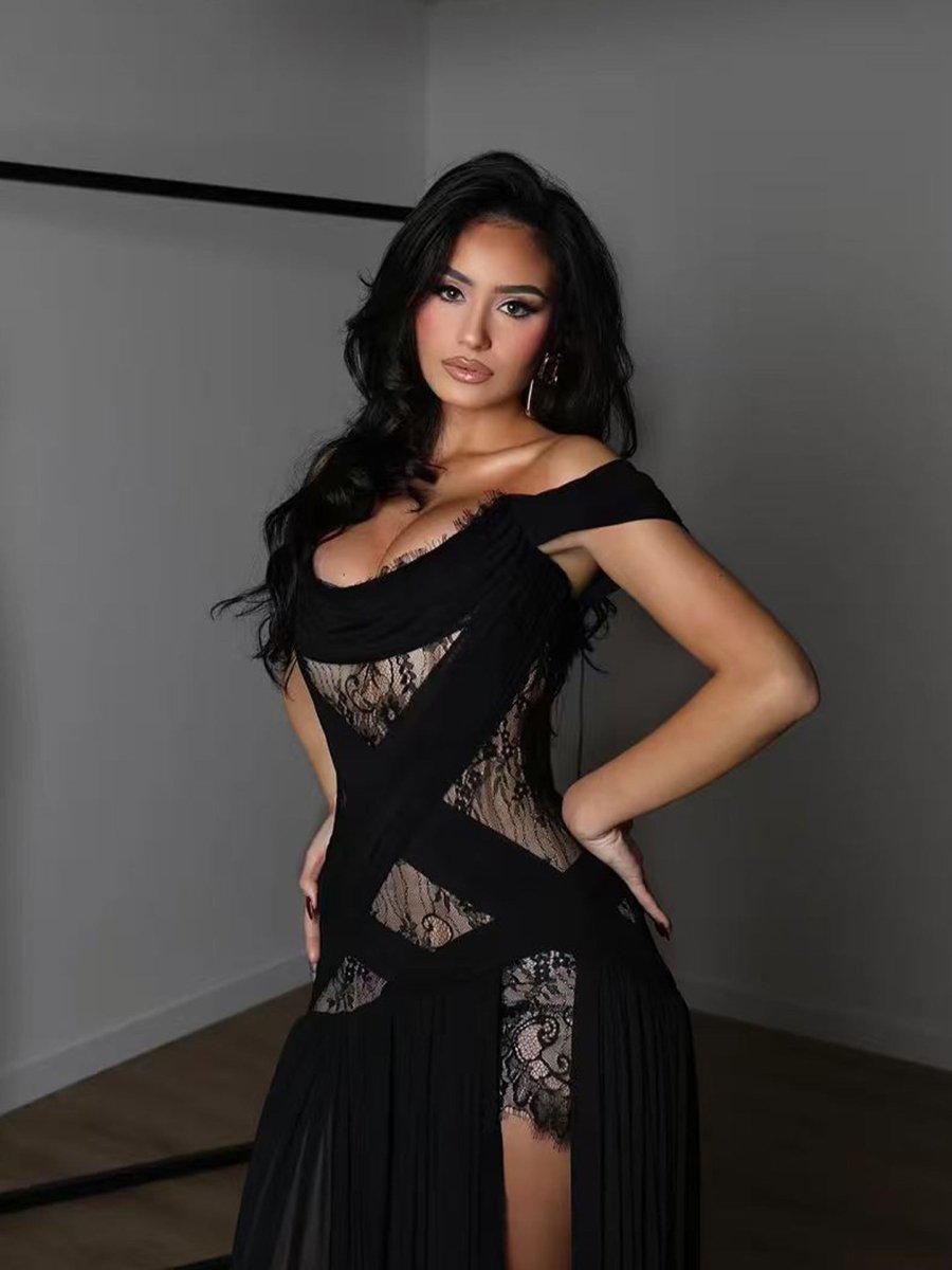 Sommermaxikleider Schwarz Off-Shoulder mit Schlitz