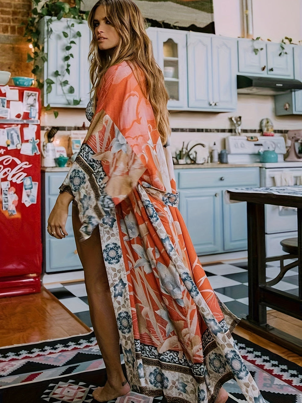 Soraya | Damen Boho Kimono Blumenprint Maxi-Länge