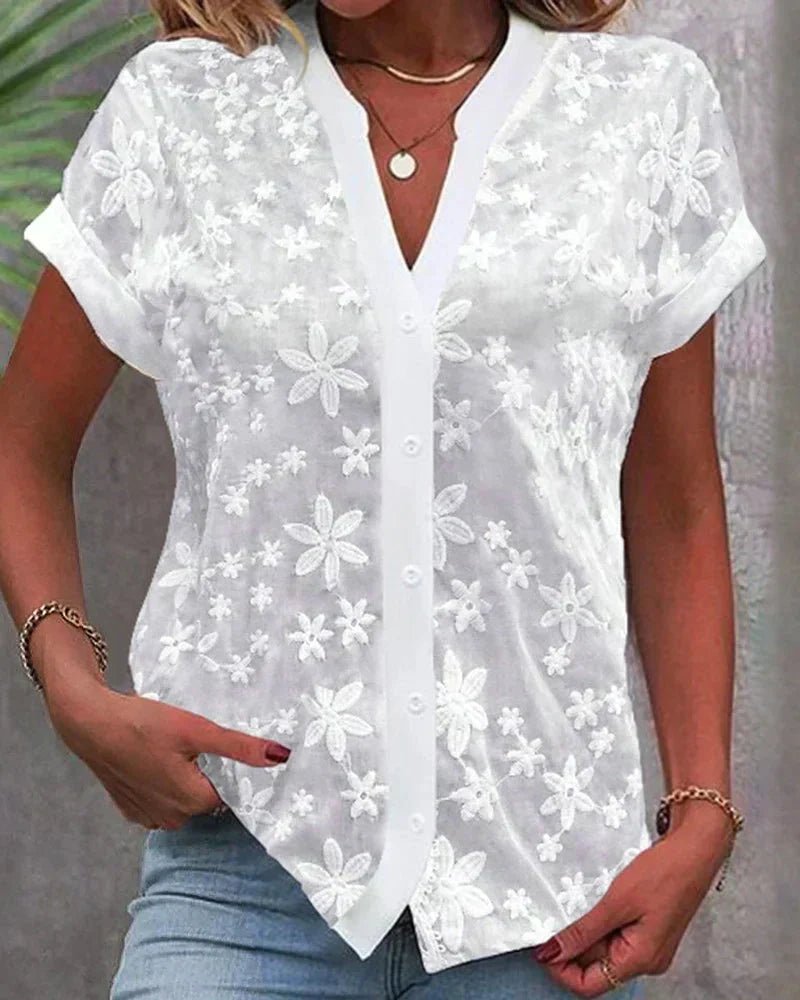 Nora | Spitzenbluse Kurzarm V-Ausschnitt Blumenmuster