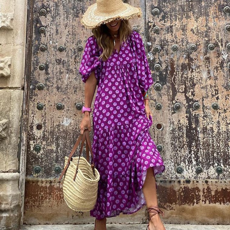 Rosa | Damen Boho Maxi-Kleid Puffärmel V-Ausschnitt Muster