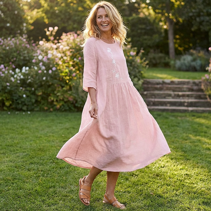 Molaka – Bequemes Besticktes Midikleid Aus Leinen