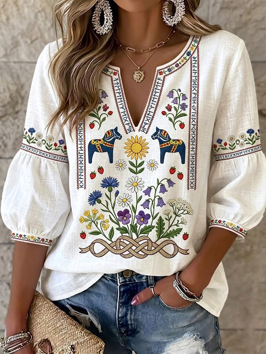 Nirilia – Blumen Top Im Vintage-Stil Mit V-Ausschnitt